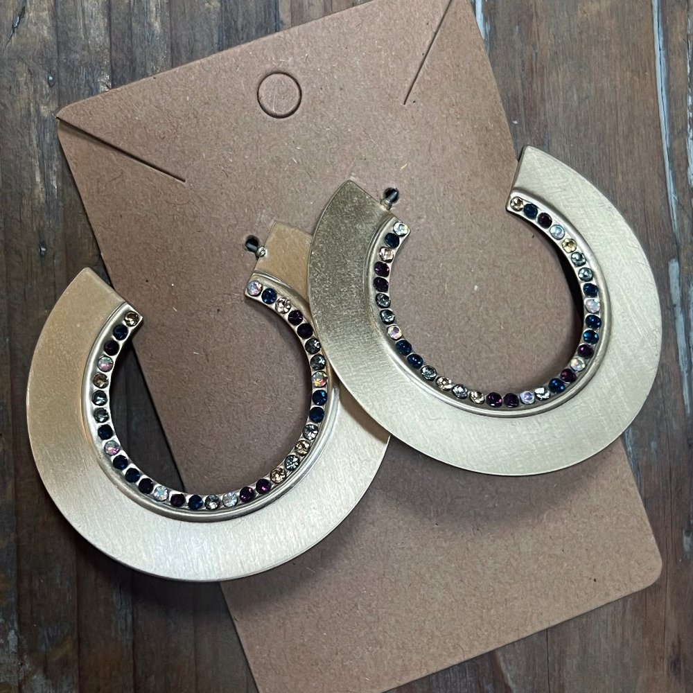 Wide Brushed Gold Hoops With Jewel Accents